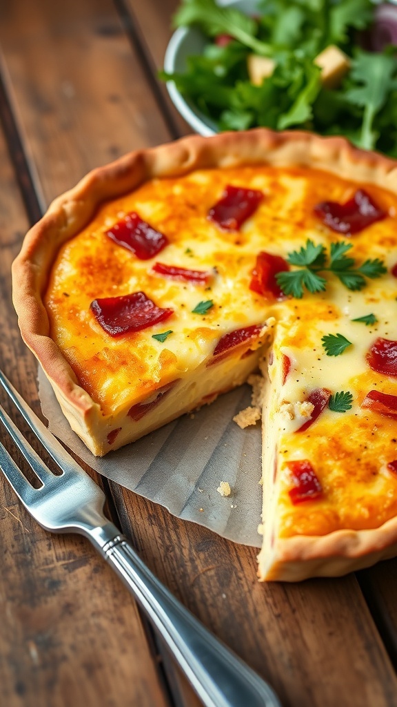 Golden Quiche Lorraine with bacon and cheese, garnished with parsley on a wooden table.